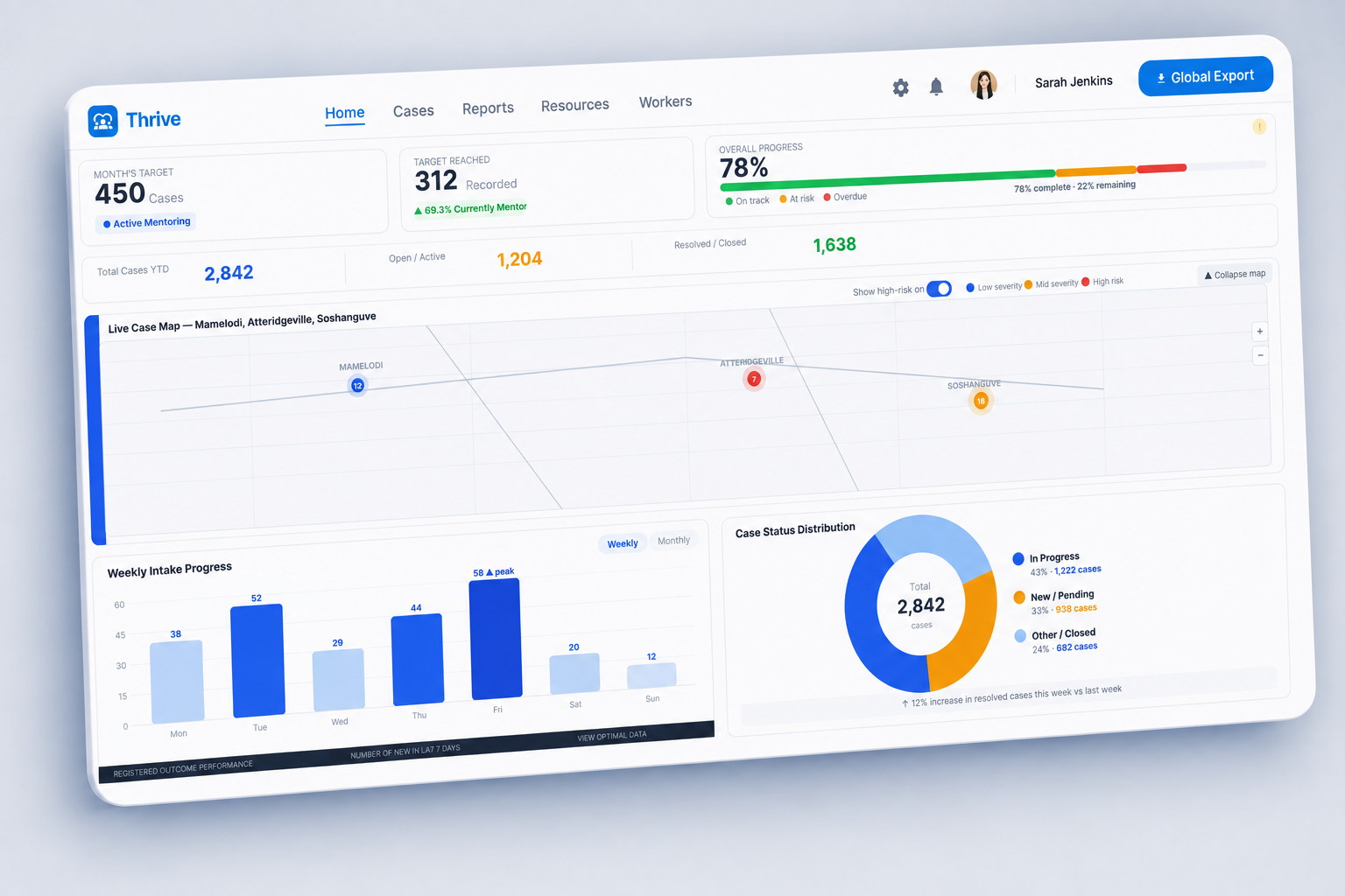 Thrive Support Network case management dashboard interface